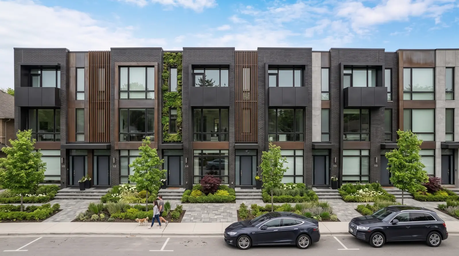 A row of contemporary townhomes with dark cladding and wood detailing