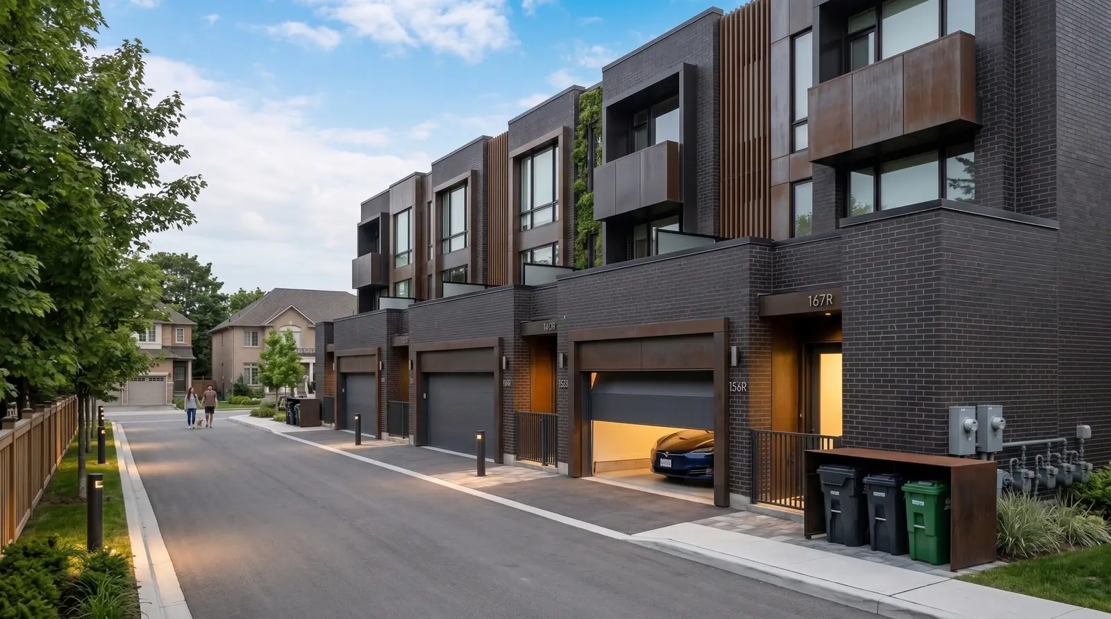 Townhomes along a residential street with garages at grade