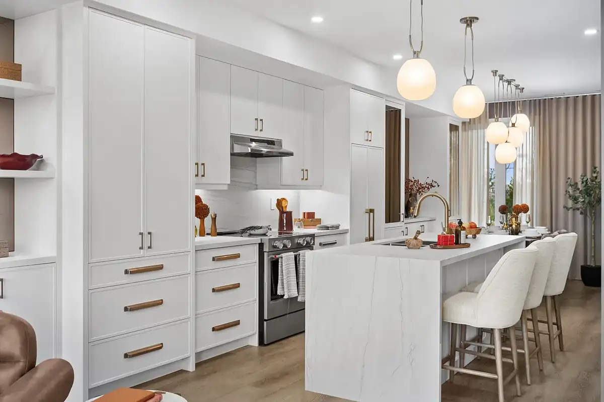 Open kitchen with an island, pendant lighting and open shelving